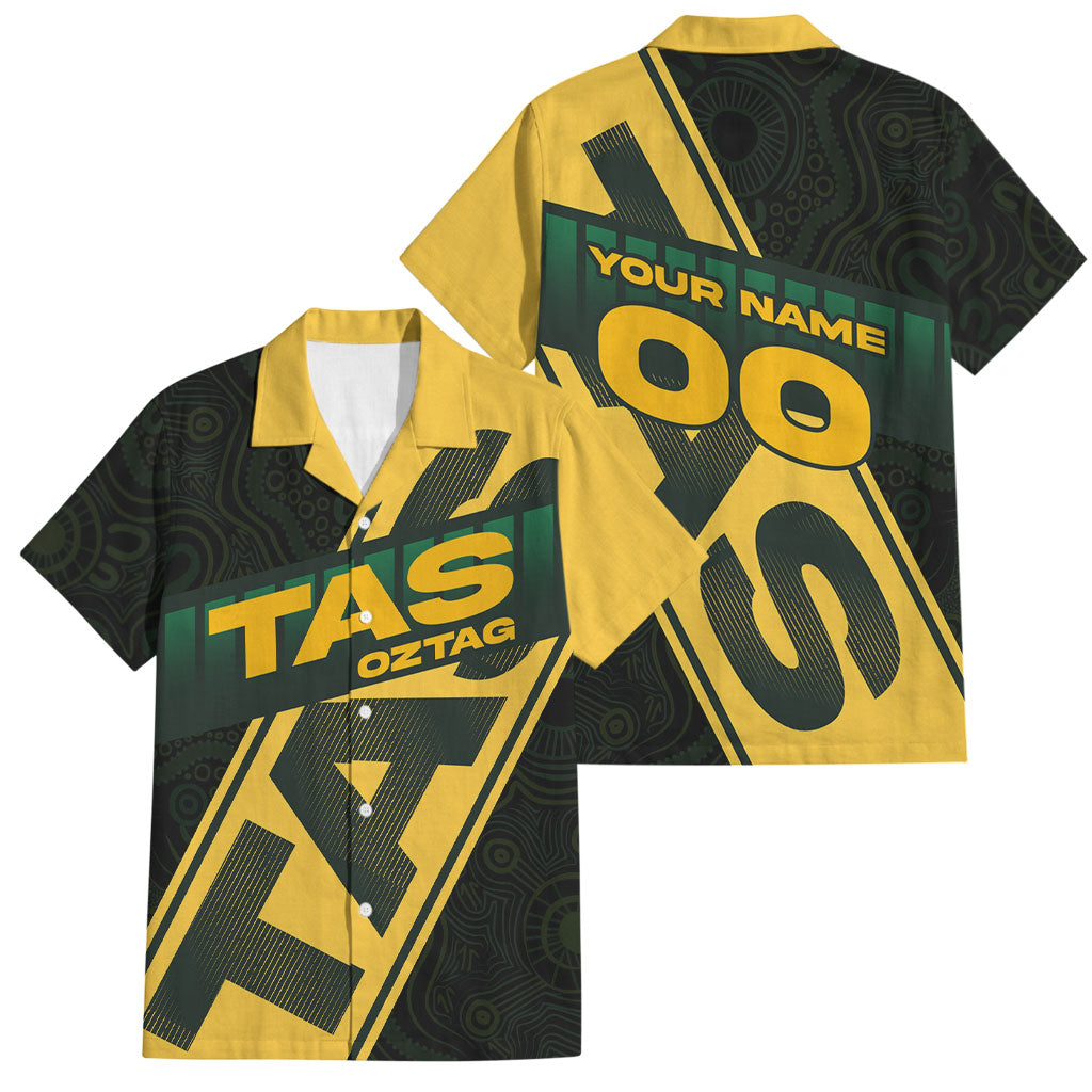 Personalised Tasmania Oztag Family Matching Puletasi and Hawaiian Shirt Black Gold Aboriginal Pattern