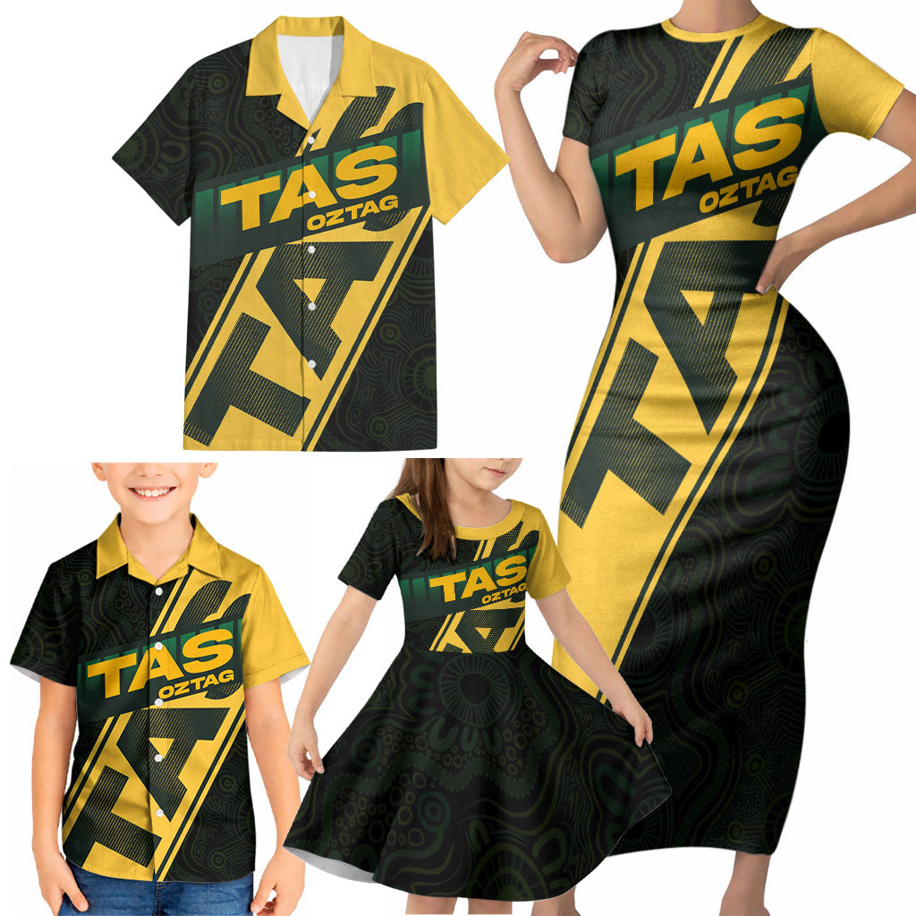 Personalised Tasmania Oztag Family Matching Short Sleeve Bodycon Dress and Hawaiian Shirt Black Gold Aboriginal Pattern