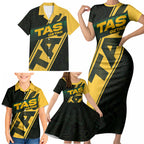 Personalised Tasmania Oztag Family Matching Short Sleeve Bodycon Dress and Hawaiian Shirt Black Gold Aboriginal Pattern