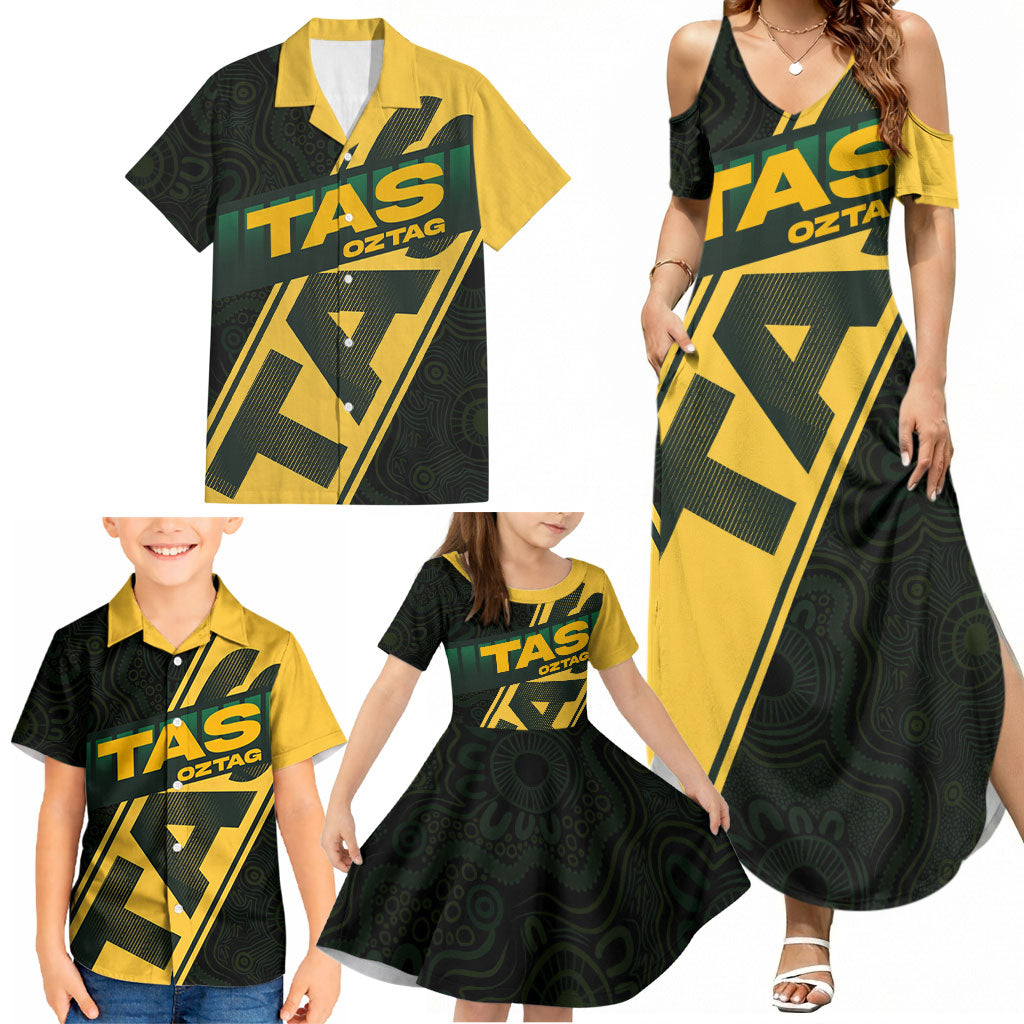 Personalised Tasmania Oztag Family Matching Summer Maxi Dress and Hawaiian Shirt Black Gold Aboriginal Pattern