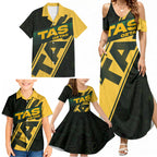 Personalised Tasmania Oztag Family Matching Summer Maxi Dress and Hawaiian Shirt Black Gold Aboriginal Pattern
