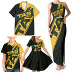 Personalised Tasmania Oztag Family Matching Tank Maxi Dress and Hawaiian Shirt Black Gold Aboriginal Pattern