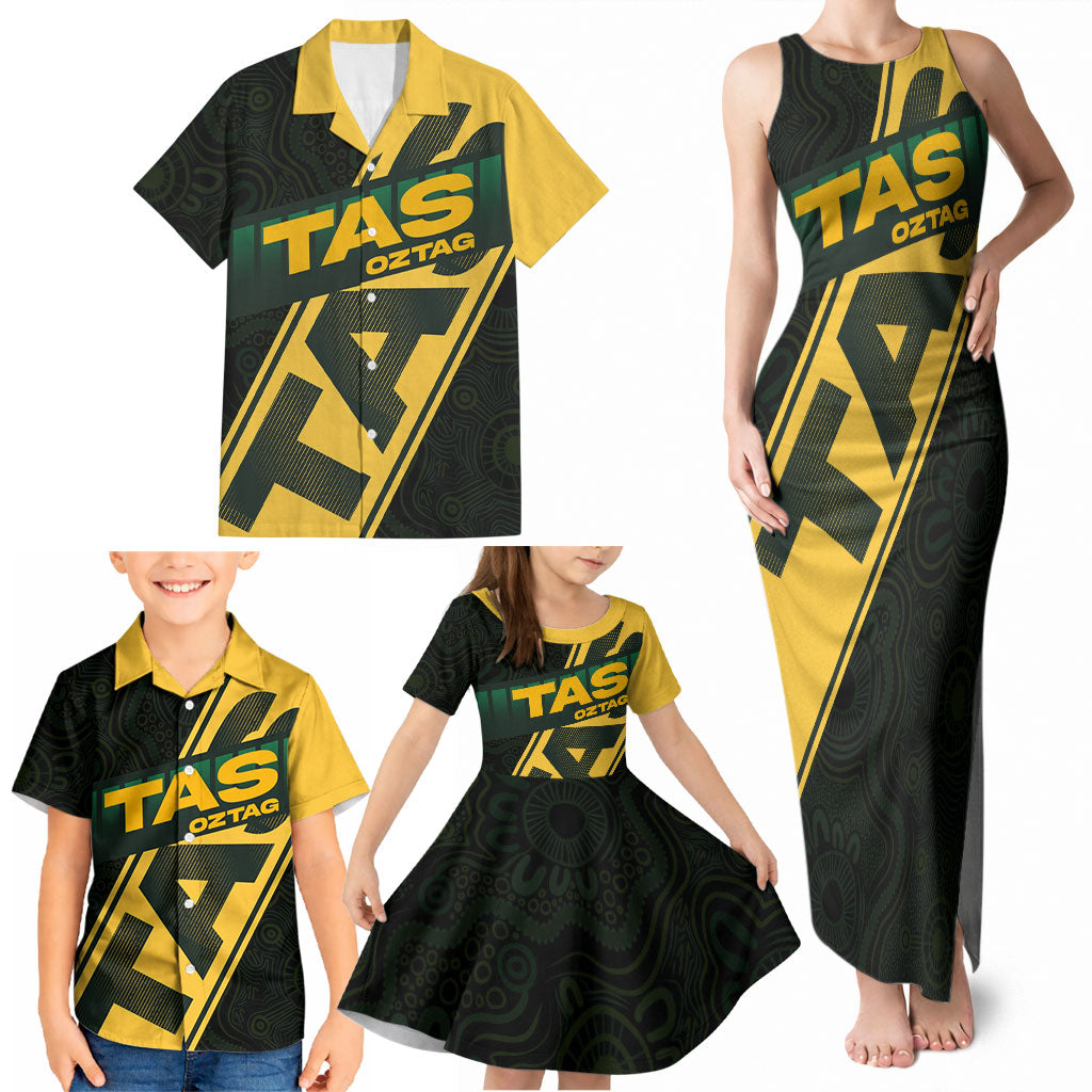Personalised Tasmania Oztag Family Matching Tank Maxi Dress and Hawaiian Shirt Black Gold Aboriginal Pattern