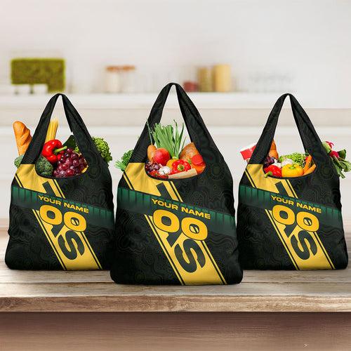 Personalised Tasmania Oztag Grocery Bag Black Gold Aboriginal Pattern
