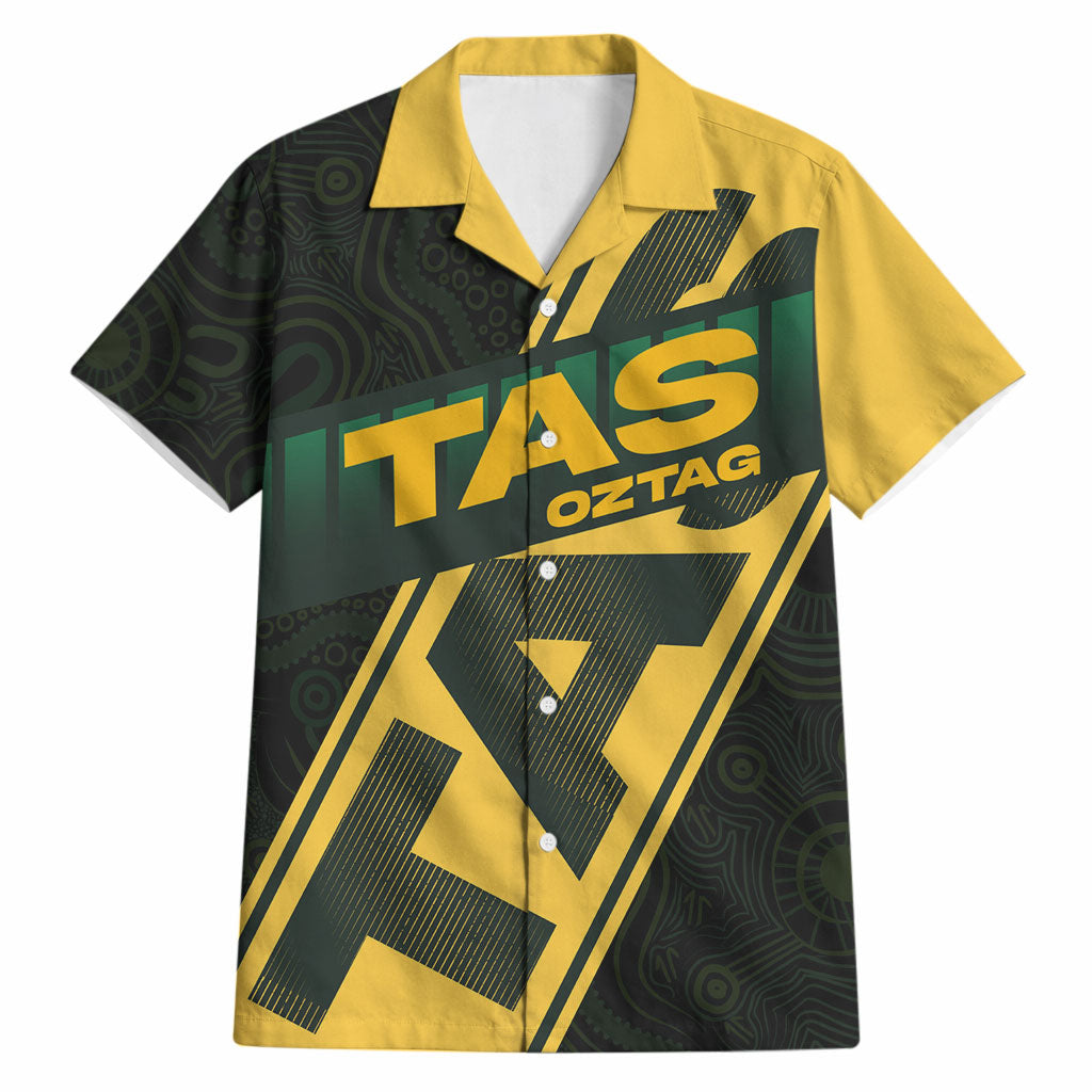 Personalised Tasmania Oztag Hawaiian Shirt Black Gold Aboriginal Pattern