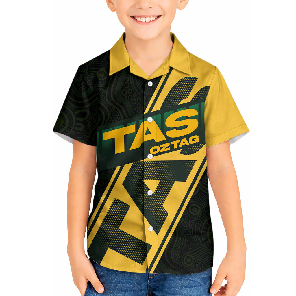 Personalised Tasmania Oztag Hawaiian Shirt Black Gold Aboriginal Pattern