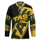 Personalised Tasmania Oztag Hockey Jersey Black Gold Aboriginal Pattern