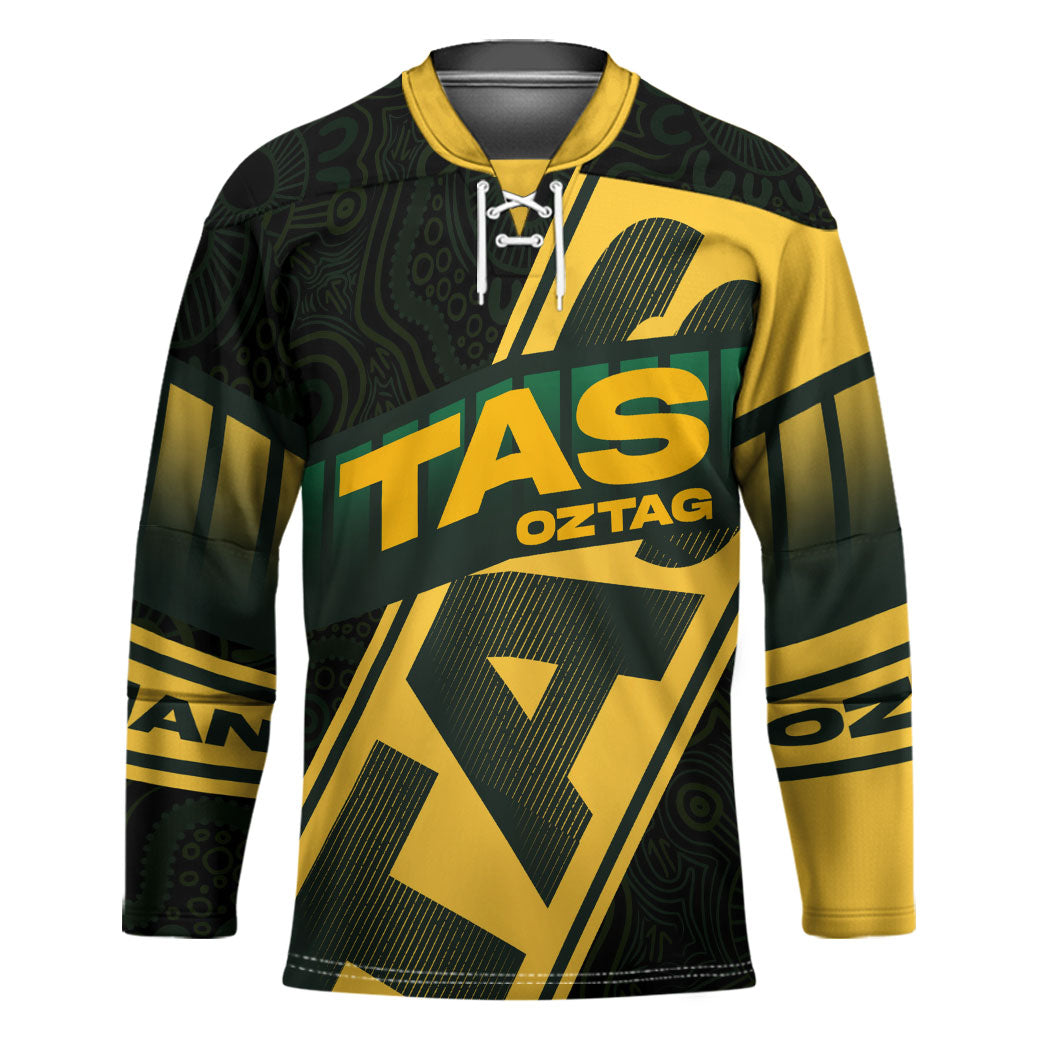 Personalised Tasmania Oztag Hockey Jersey Black Gold Aboriginal Pattern