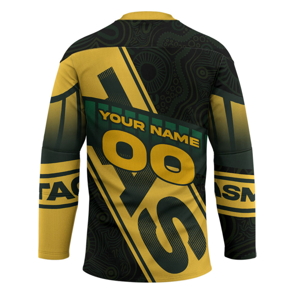 Personalised Tasmania Oztag Hockey Jersey Black Gold Aboriginal Pattern