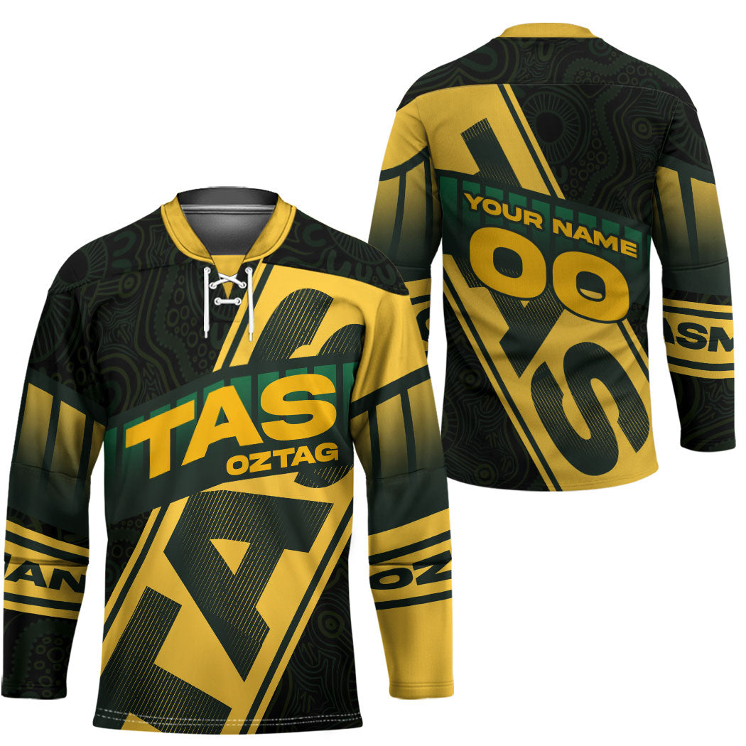 Personalised Tasmania Oztag Hockey Jersey Black Gold Aboriginal Pattern