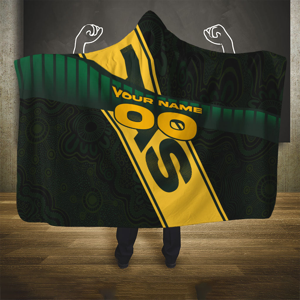Personalised Tasmania Oztag Hooded Blanket Black Gold Aboriginal Pattern