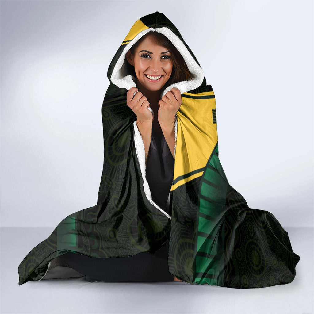Personalised Tasmania Oztag Hooded Blanket Black Gold Aboriginal Pattern