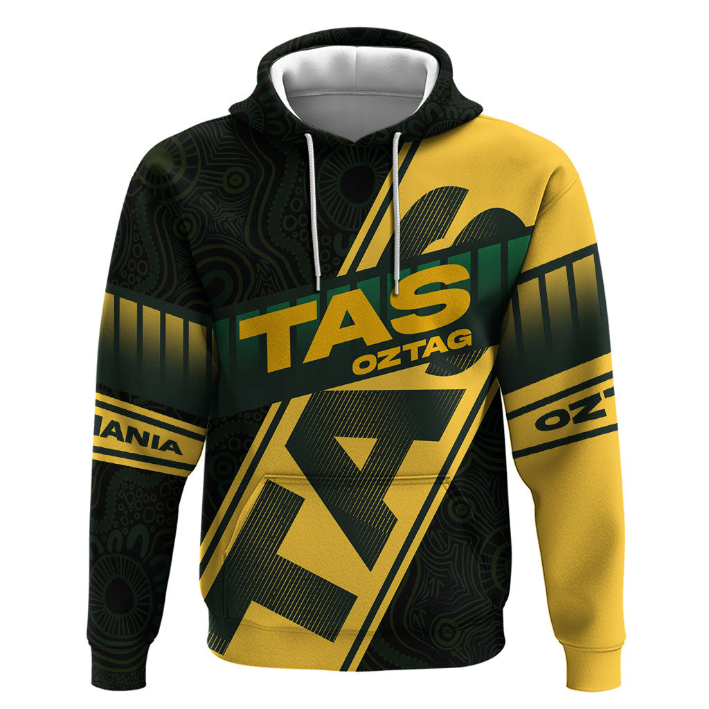 Personalised Tasmania Oztag Hoodie Black Gold Aboriginal Pattern
