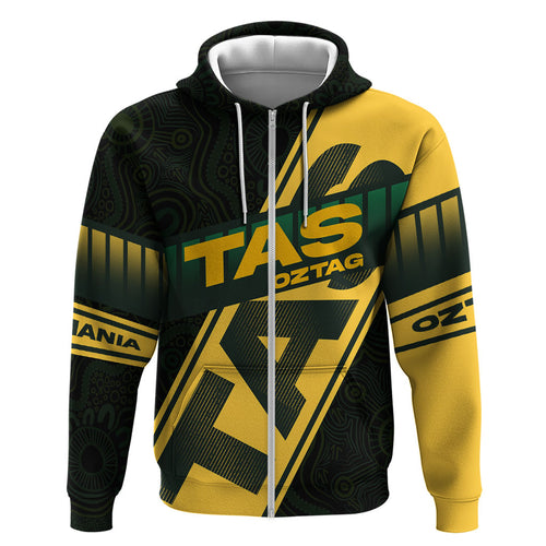 Personalised Tasmania Oztag Hoodie Black Gold Aboriginal Pattern