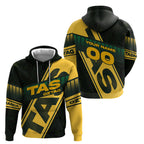 Personalised Tasmania Oztag Hoodie Black Gold Aboriginal Pattern