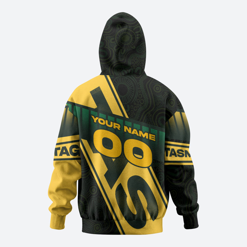 Personalised Tasmania Oztag Hoodie Black Gold Aboriginal Pattern