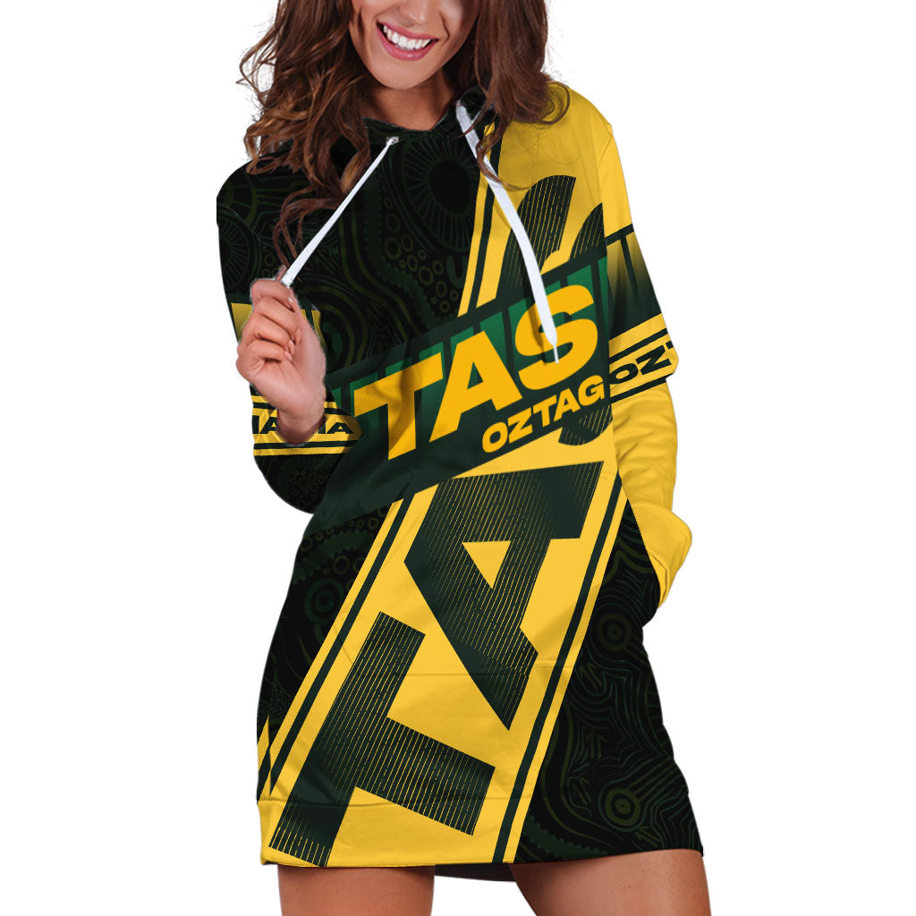 Personalised Tasmania Oztag Hoodie Dress Black Gold Aboriginal Pattern