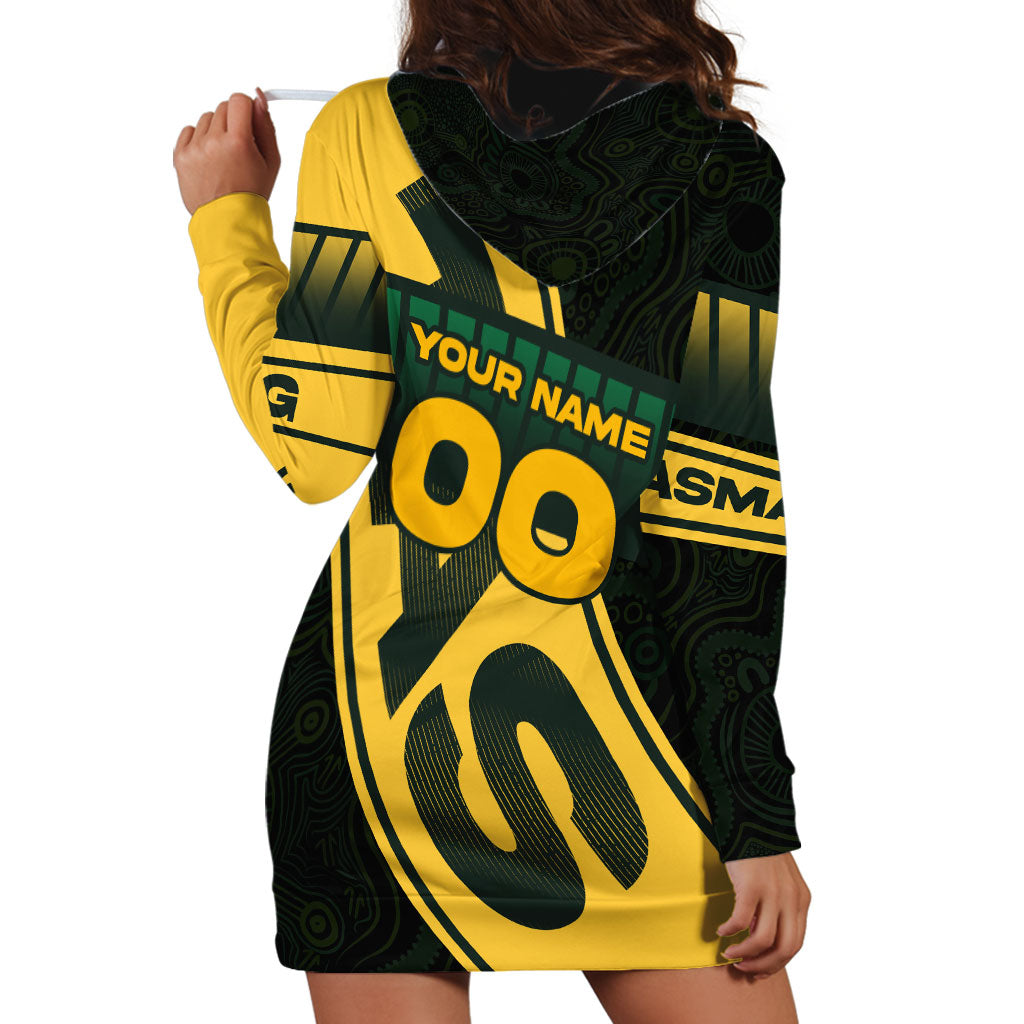 Personalised Tasmania Oztag Hoodie Dress Black Gold Aboriginal Pattern