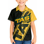 Personalised Tasmania Oztag Kid Hawaiian Shirt Black Gold Aboriginal Pattern