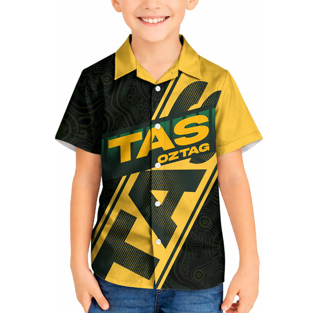 Personalised Tasmania Oztag Kid Hawaiian Shirt Black Gold Aboriginal Pattern
