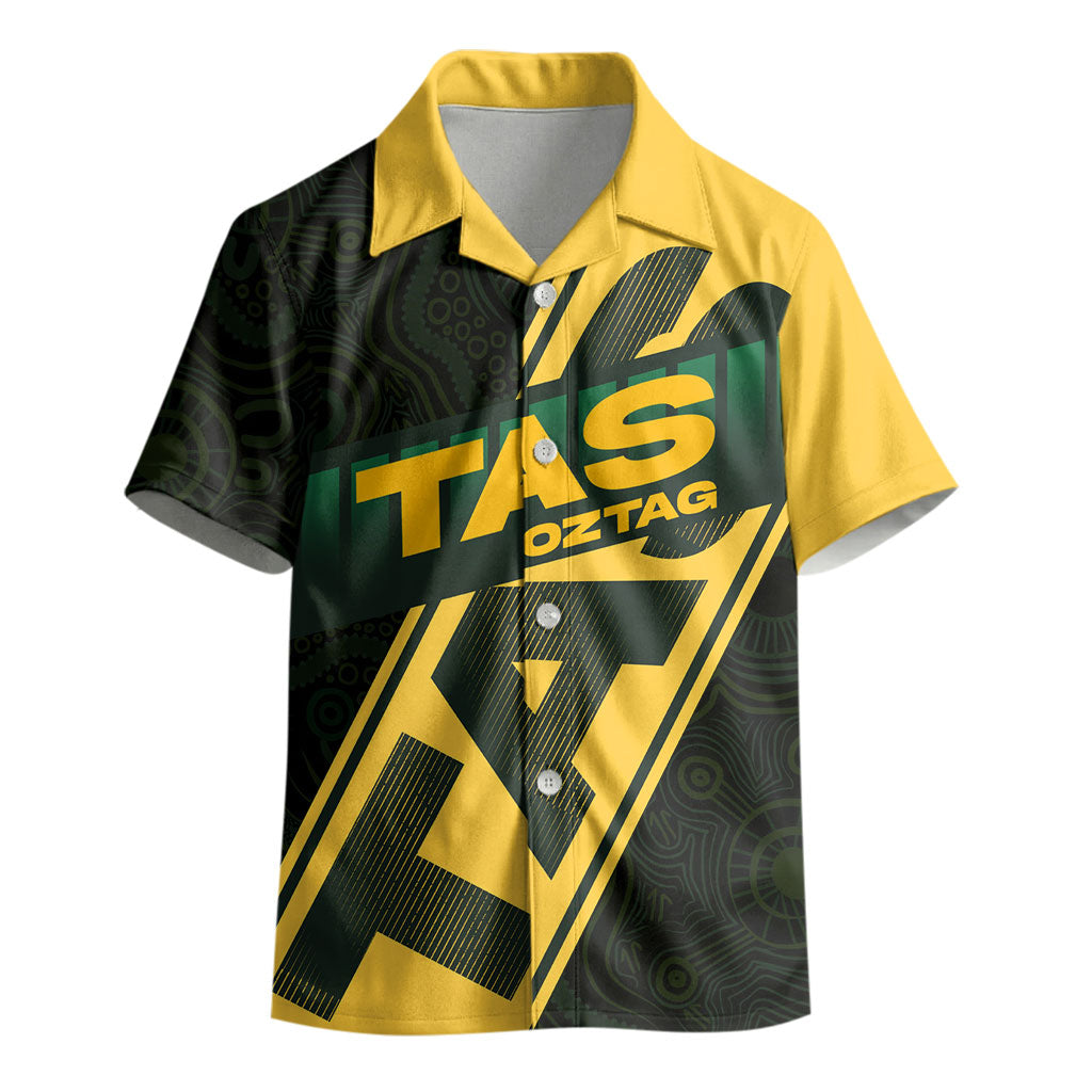 Personalised Tasmania Oztag Kid Hawaiian Shirt Black Gold Aboriginal Pattern