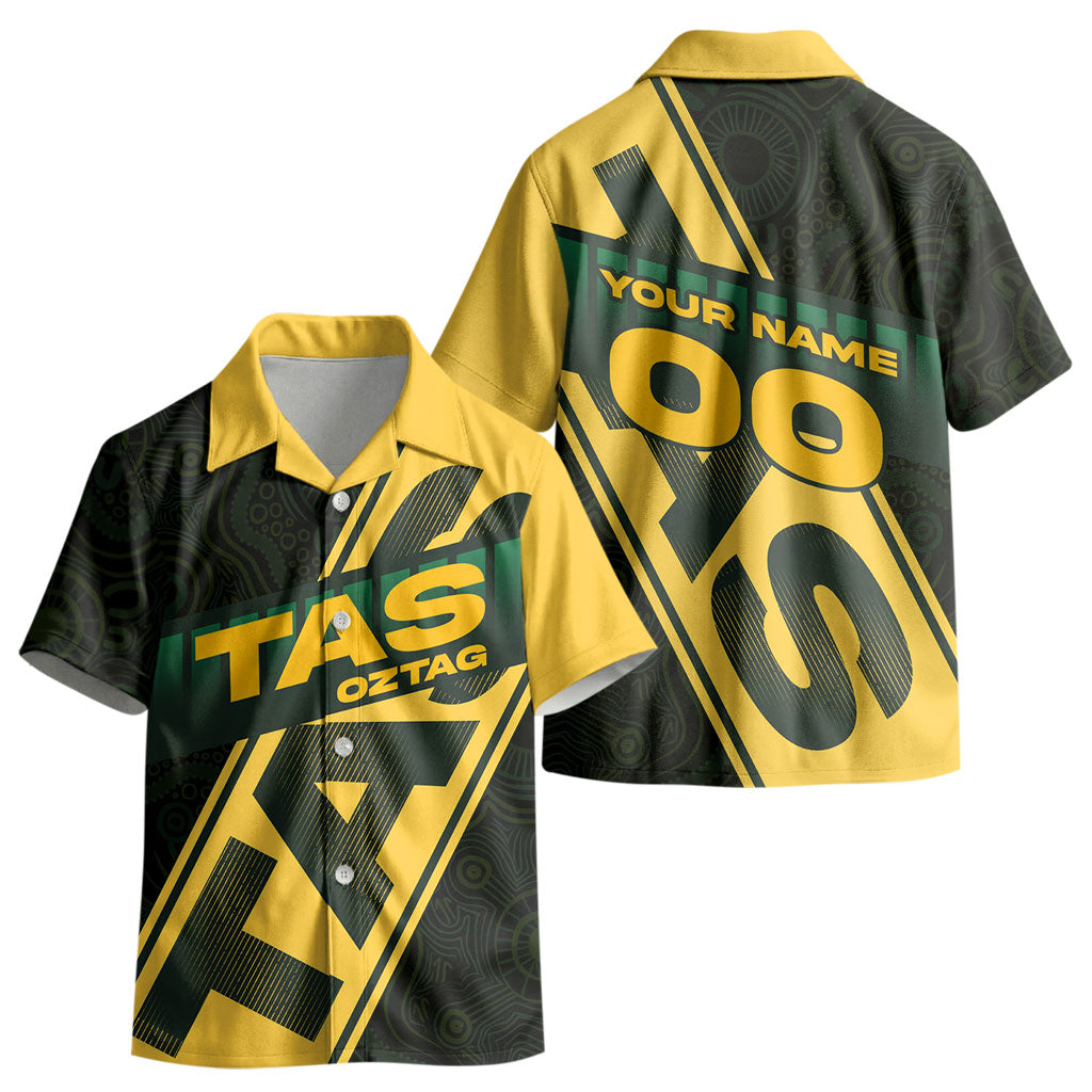 Personalised Tasmania Oztag Kid Hawaiian Shirt Black Gold Aboriginal Pattern