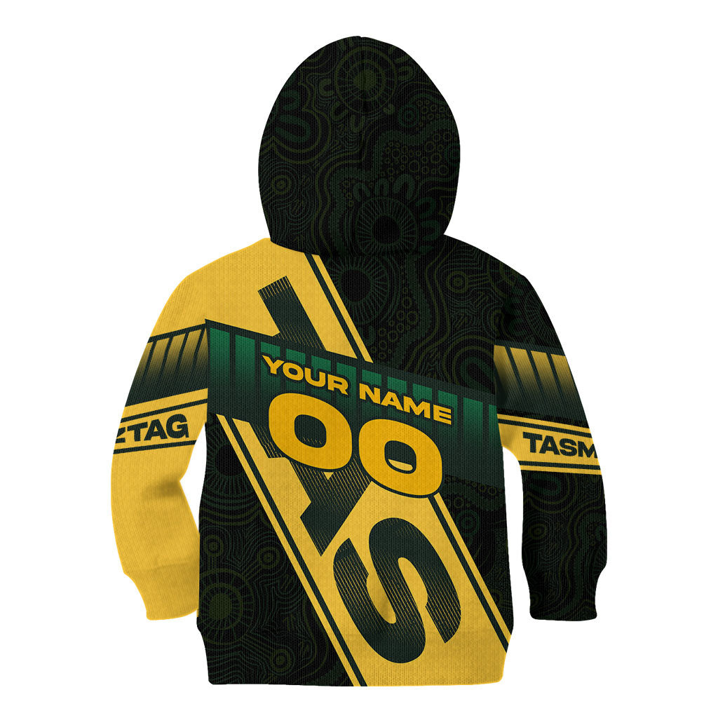 Personalised Tasmania Oztag Kid Hoodie Black Gold Aboriginal Pattern
