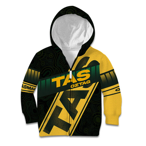 Personalised Tasmania Oztag Kid Hoodie Black Gold Aboriginal Pattern