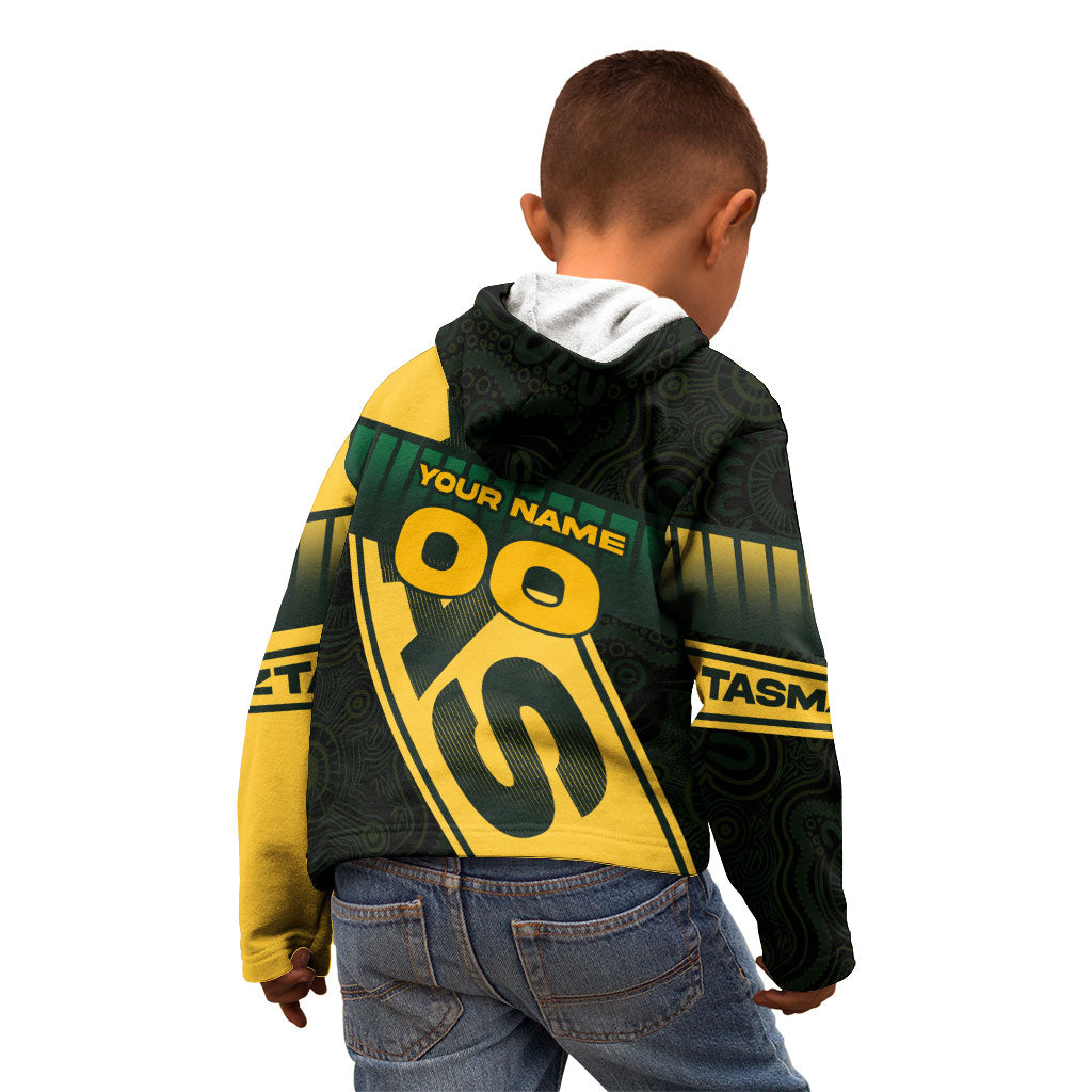 Personalised Tasmania Oztag Kid Hoodie Black Gold Aboriginal Pattern