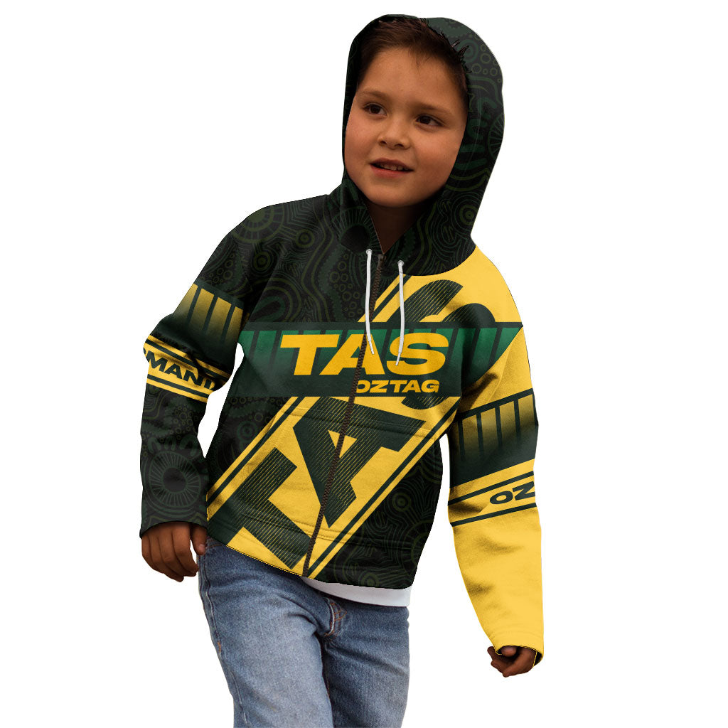 Personalised Tasmania Oztag Kid Hoodie Black Gold Aboriginal Pattern
