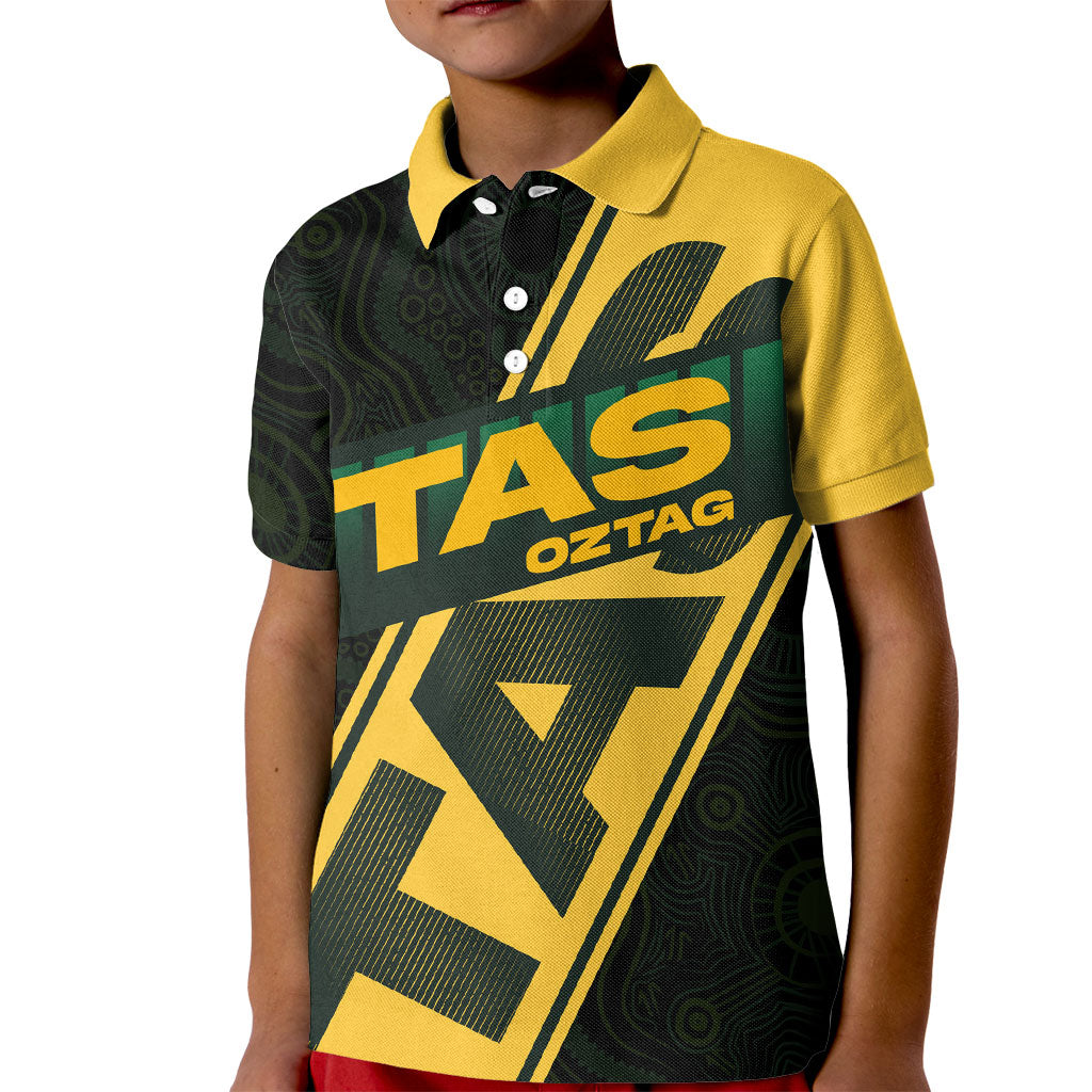 Personalised Tasmania Oztag Kid Polo Shirt Black Gold Aboriginal Pattern