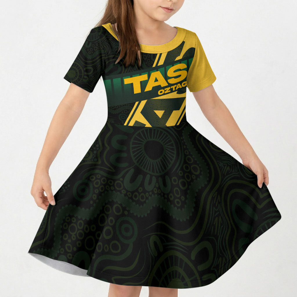 Personalised Tasmania Oztag Kid Short Sleeve Dress Black Gold Aboriginal Pattern