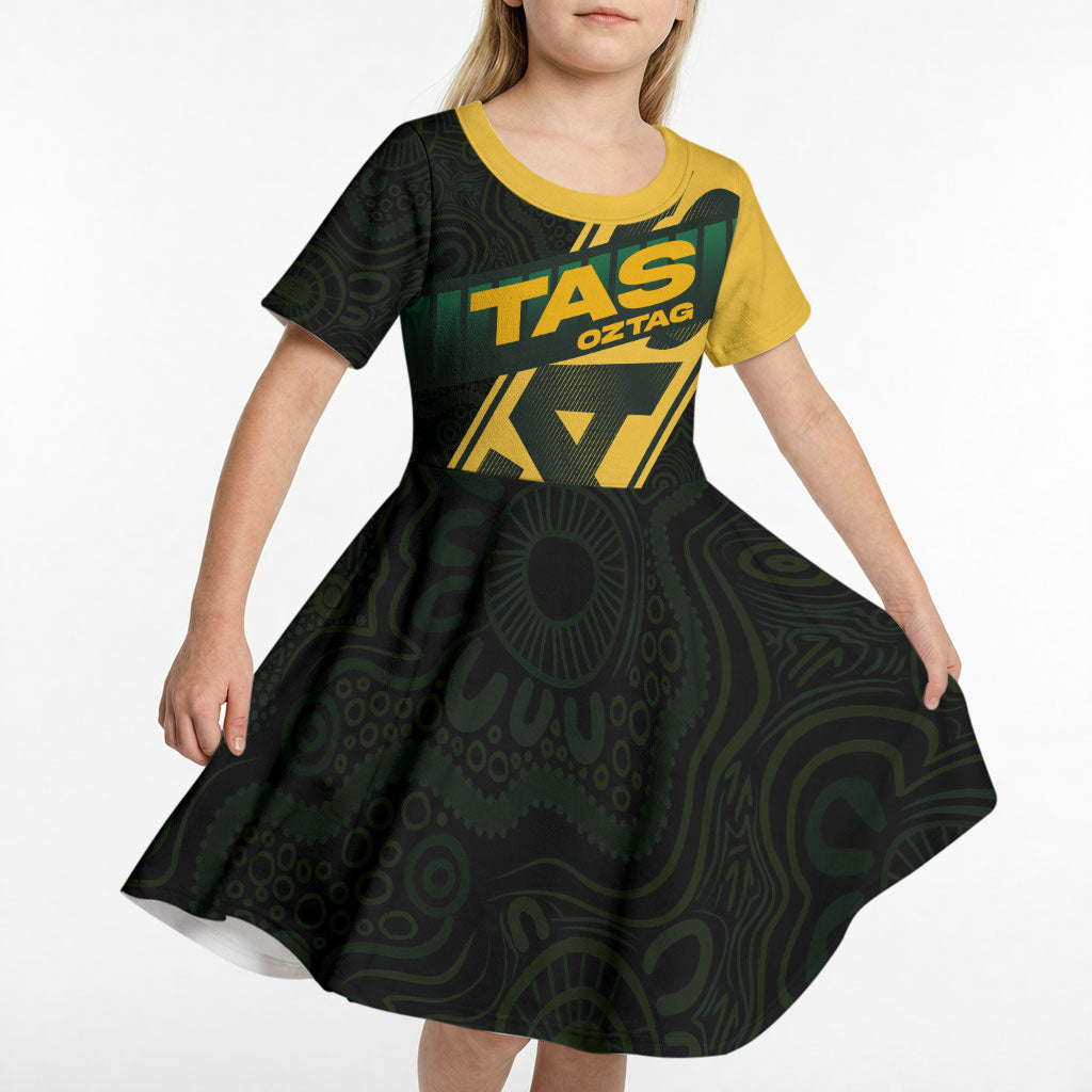 Personalised Tasmania Oztag Kid Short Sleeve Dress Black Gold Aboriginal Pattern