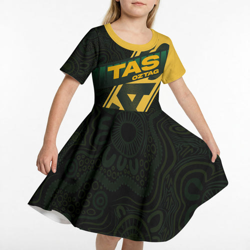 Personalised Tasmania Oztag Kid Short Sleeve Dress Black Gold Aboriginal Pattern
