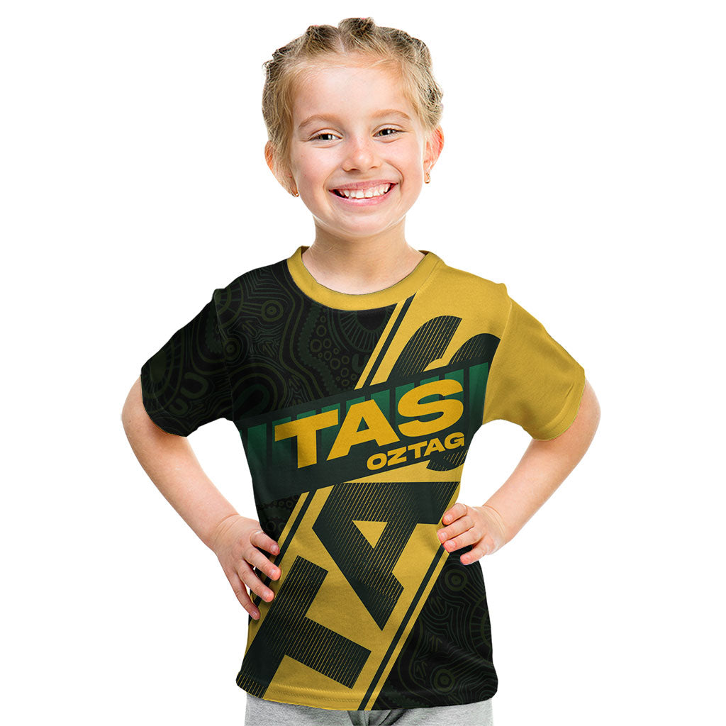 Personalised Tasmania Oztag Kid T Shirt Black Gold Aboriginal Pattern