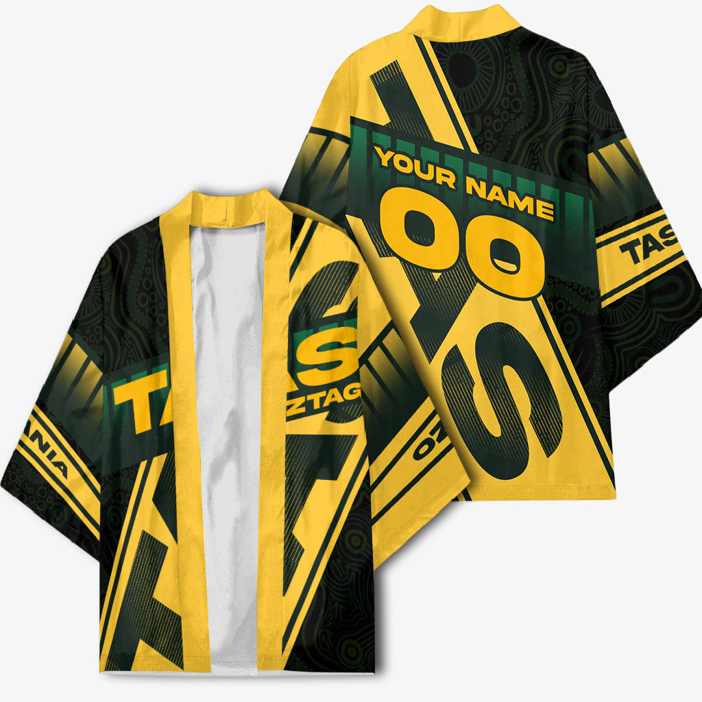 Personalised Tasmania Oztag Kimono Black Gold Aboriginal Pattern