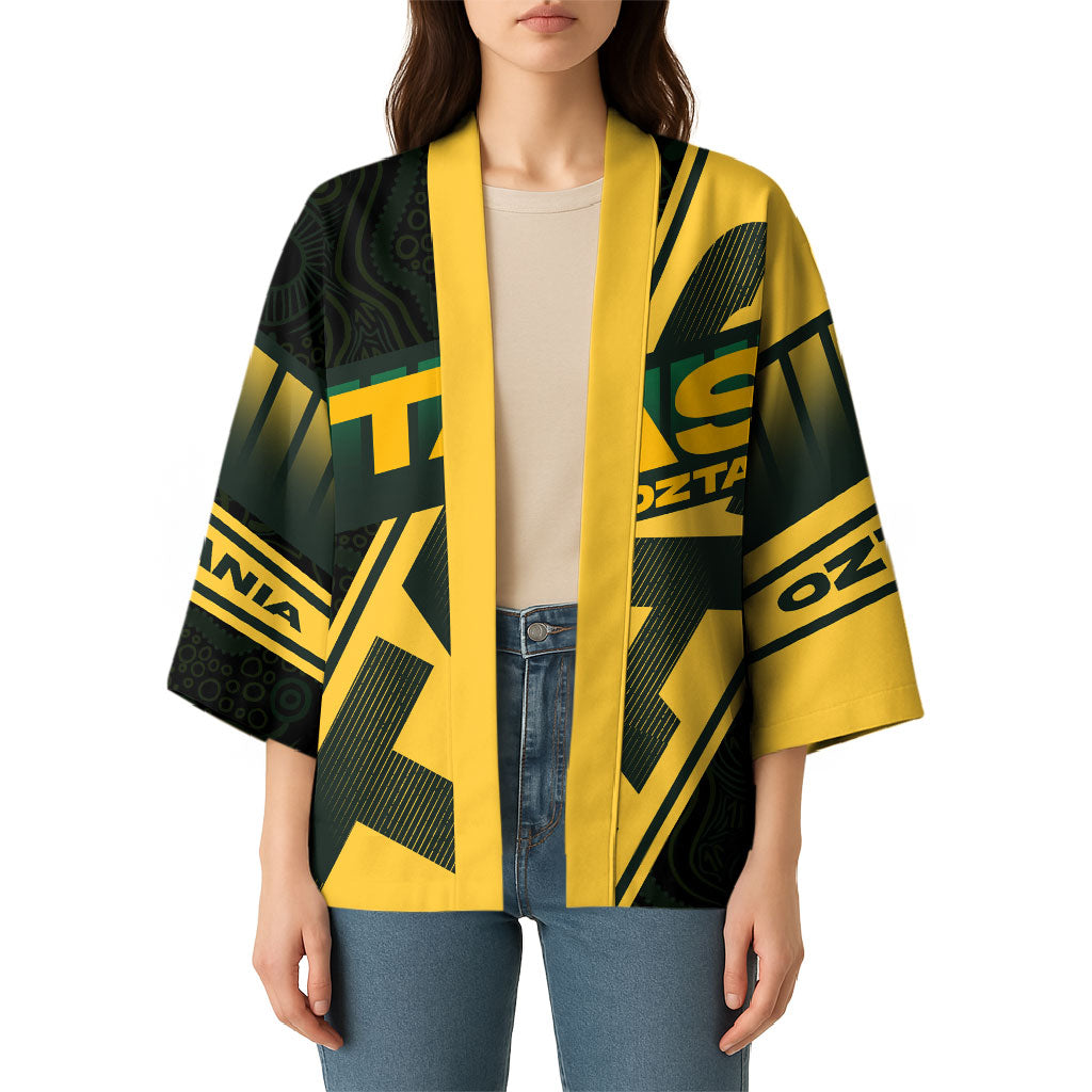 Personalised Tasmania Oztag Kimono Black Gold Aboriginal Pattern