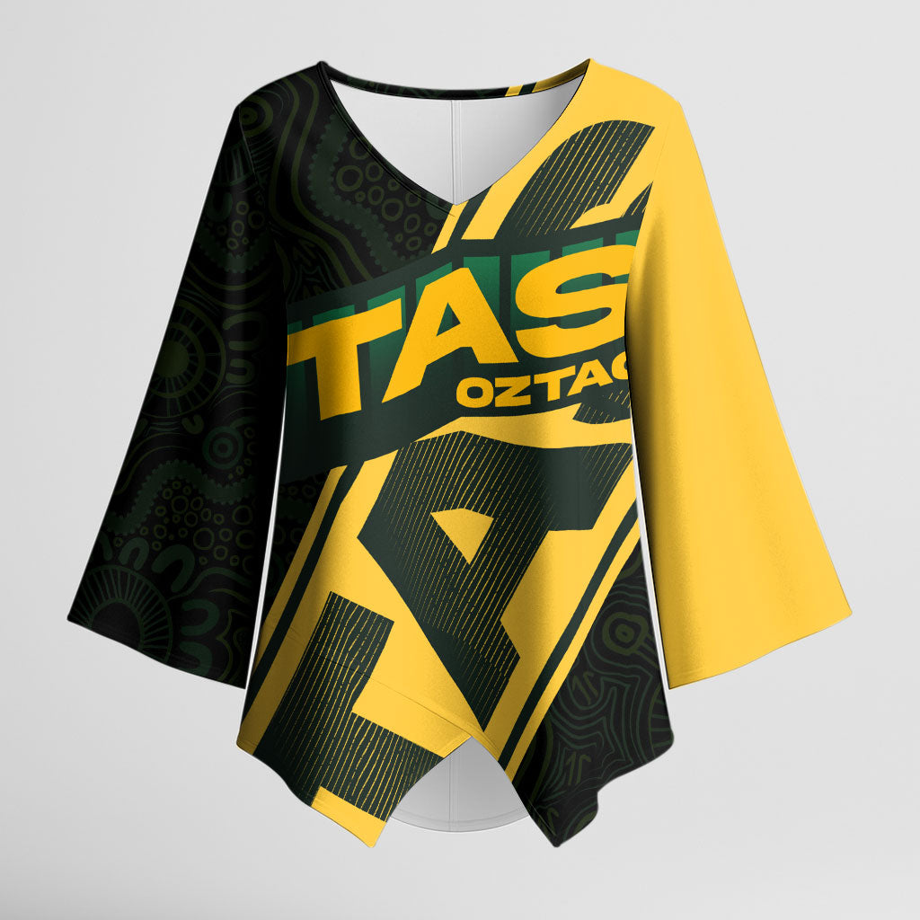 Personalised Tasmania Oztag Kimono Sleeve Blouse Black Gold Aboriginal Pattern