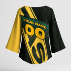 Personalised Tasmania Oztag Kimono Sleeve Blouse Black Gold Aboriginal Pattern
