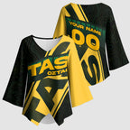 Personalised Tasmania Oztag Kimono Sleeve Blouse Black Gold Aboriginal Pattern