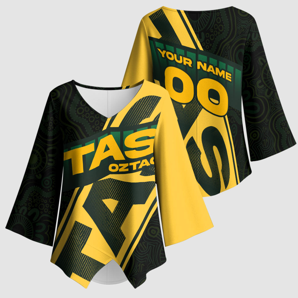 Personalised Tasmania Oztag Kimono Sleeve Blouse Black Gold Aboriginal Pattern