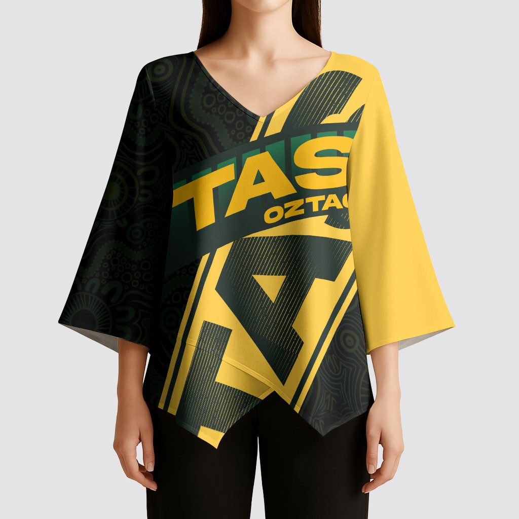 Personalised Tasmania Oztag Kimono Sleeve Blouse Black Gold Aboriginal Pattern