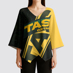 Personalised Tasmania Oztag Kimono Sleeve Blouse Black Gold Aboriginal Pattern