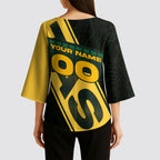 Personalised Tasmania Oztag Kimono Sleeve Blouse Black Gold Aboriginal Pattern