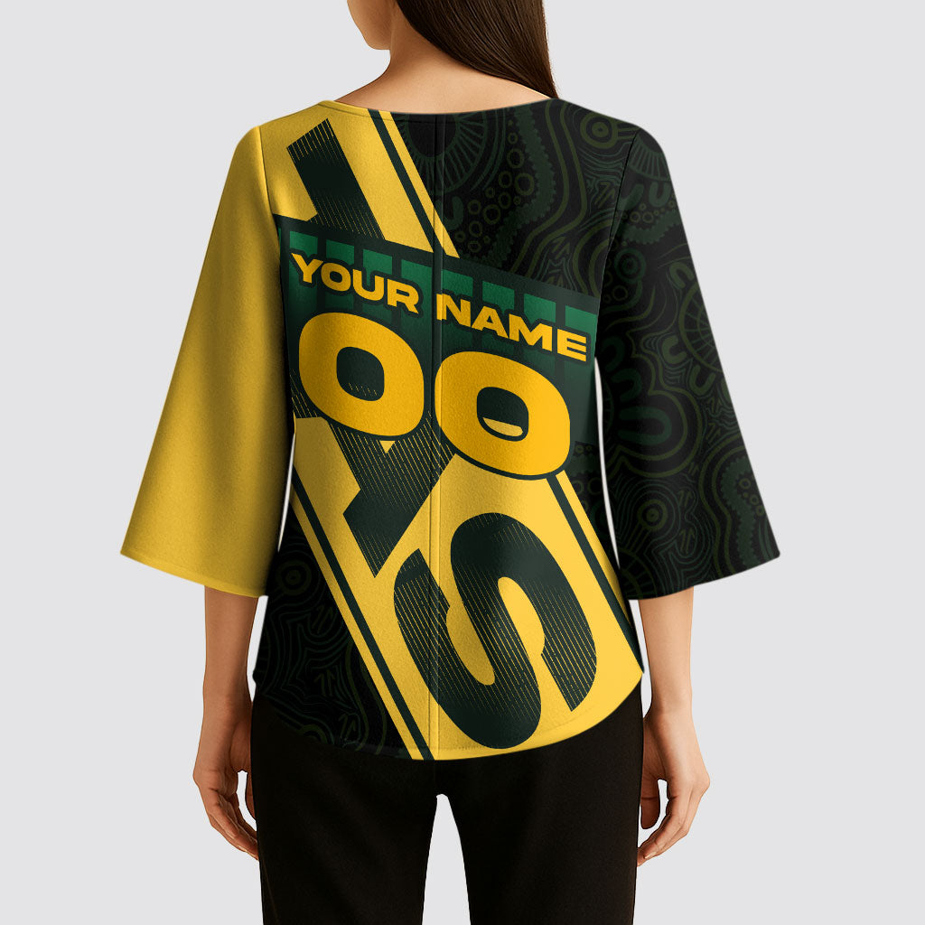 Personalised Tasmania Oztag Kimono Sleeve Blouse Black Gold Aboriginal Pattern
