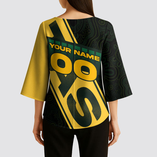 Personalised Tasmania Oztag Kimono Sleeve Blouse Black Gold Aboriginal Pattern