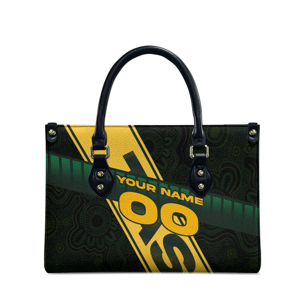 Personalised Tasmania Oztag Leather Bag Black Gold Aboriginal Pattern