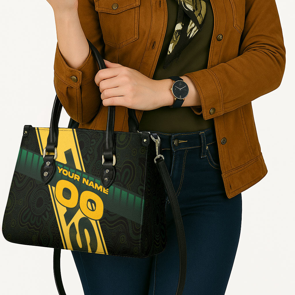 Personalised Tasmania Oztag Leather Bag Black Gold Aboriginal Pattern