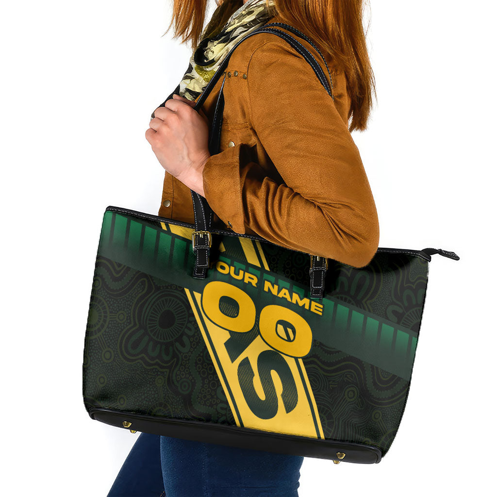 Personalised Tasmania Oztag Leather Tote Bag Black Gold Aboriginal Pattern