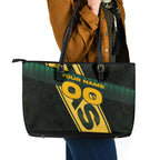 Personalised Tasmania Oztag Leather Tote Bag Black Gold Aboriginal Pattern